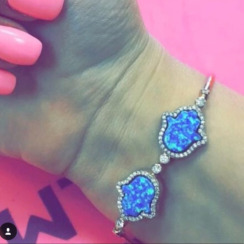 Hamsa bangle bracelet .925 silver, blue opal
